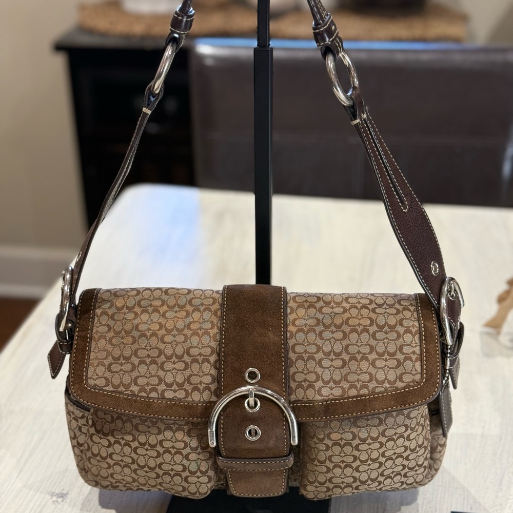 Brown Signature SoHo Flap Double Pocket mini C Jacquard and Suede Bag